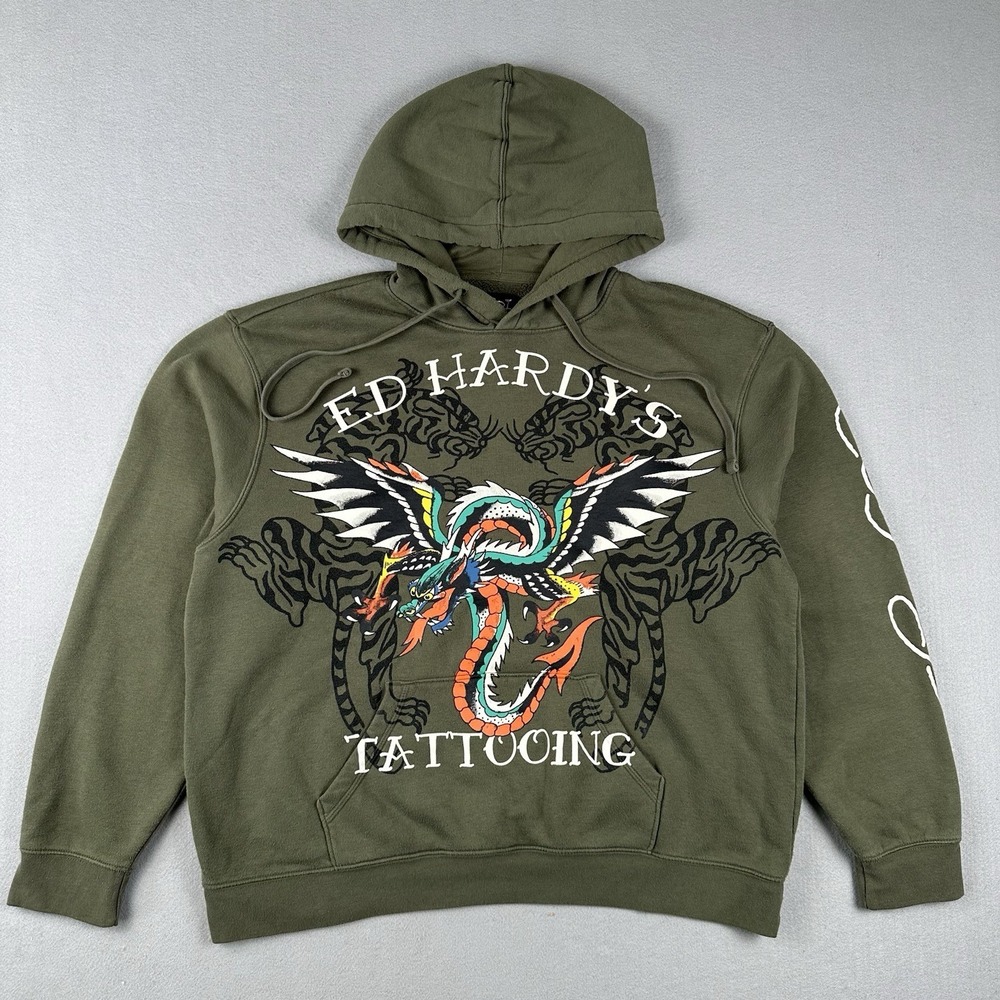 Y2K Ed Hardy Hoodie Men's XL Green Tattoo‎ Dragon Tiger Double Sided Pullover